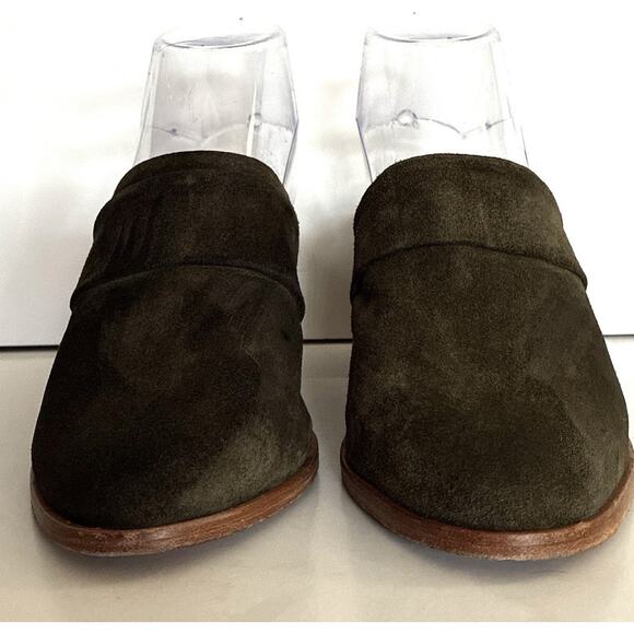 Matt Bernson Sz 6 1/2 Olive Green Suede Strap block heel mules - Picture 2 of 8